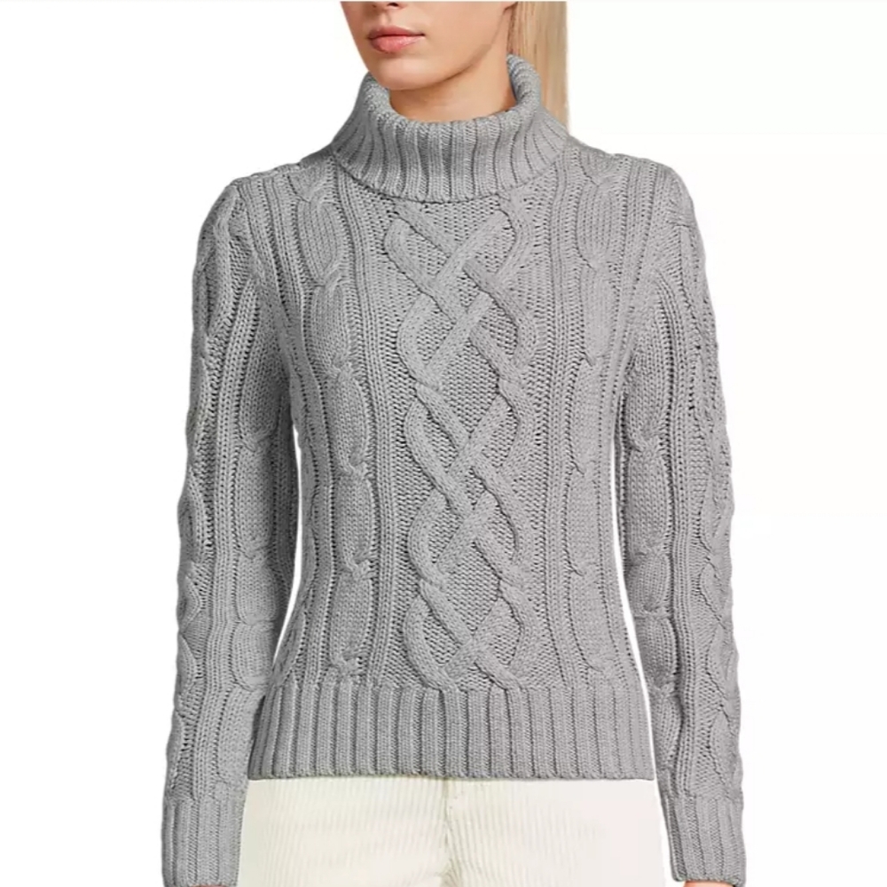 Lands' End Drifter Chunky Cable Knit Turtleneck Sweater In Red - Picture 4 of 12